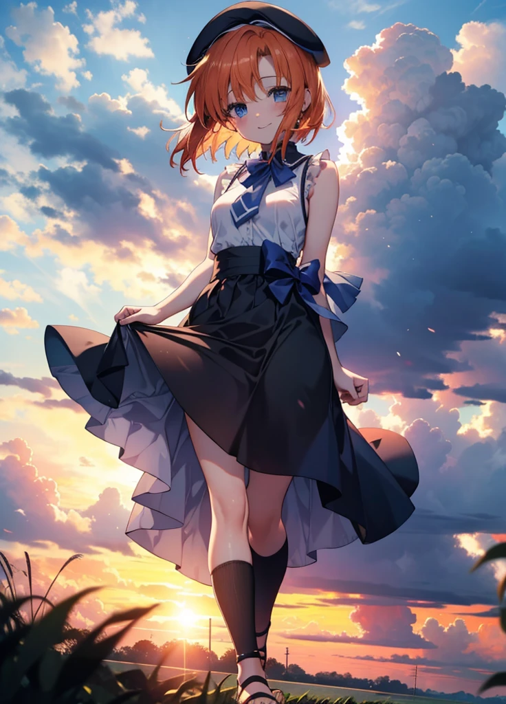 kidney, Rena Ryuuguu, Orange Hair, short hair, blue eyes, smile, blush,Grin,(Small breasts:1.2),beret,Sleeveless dress,Long skirt,Heeled Sandals,morning,morning陽,The sun is rising,Paddy field,walking,whole bodyがイラストに入る,
壊す looking at viewer,whole body,
Destroy outdoors, Destroy the countryside (masterpiece:1.2), Highest quality, High resolution, unity 8k wallpaper, (shape:0.8), (Beautiful attention to detail:1.6), Highly detailed face, Perfect lighting, Extremely detailed CG, (Perfect hands, Perfect Anatomy),