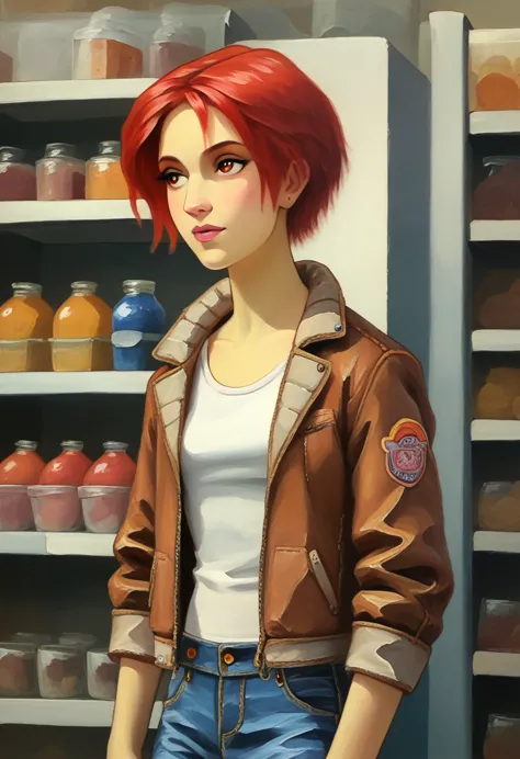 A beautiful detailed portrait of Will Vandom, 36 years old, small breasts, red hair, red eyes, short hair, tank top, open jacket...