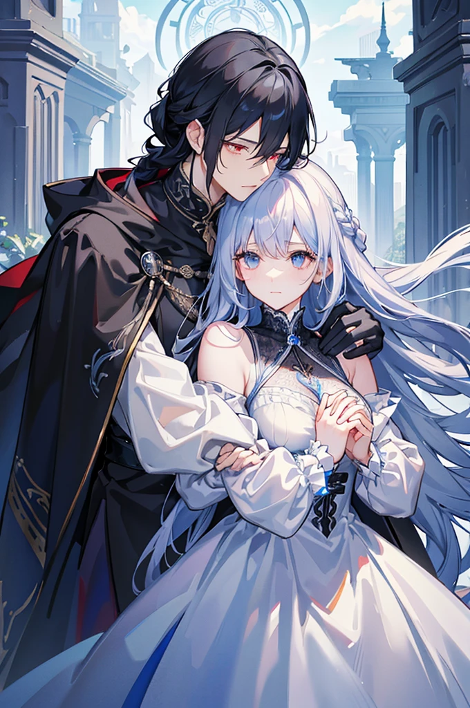 A man with black hair and red eyes is hugging a woman with white hair and blue eyes around the waist and grabbing her chin、Long, fluffy wavy hair、Braiding、blue and white lace dress、Garter Ring、The man is wearing a cloak、Fantasy