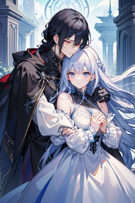 A man with black hair and red eyes is hugging a woman with white hair and blue eyes around the waist and grabbing her chin、Long,...
