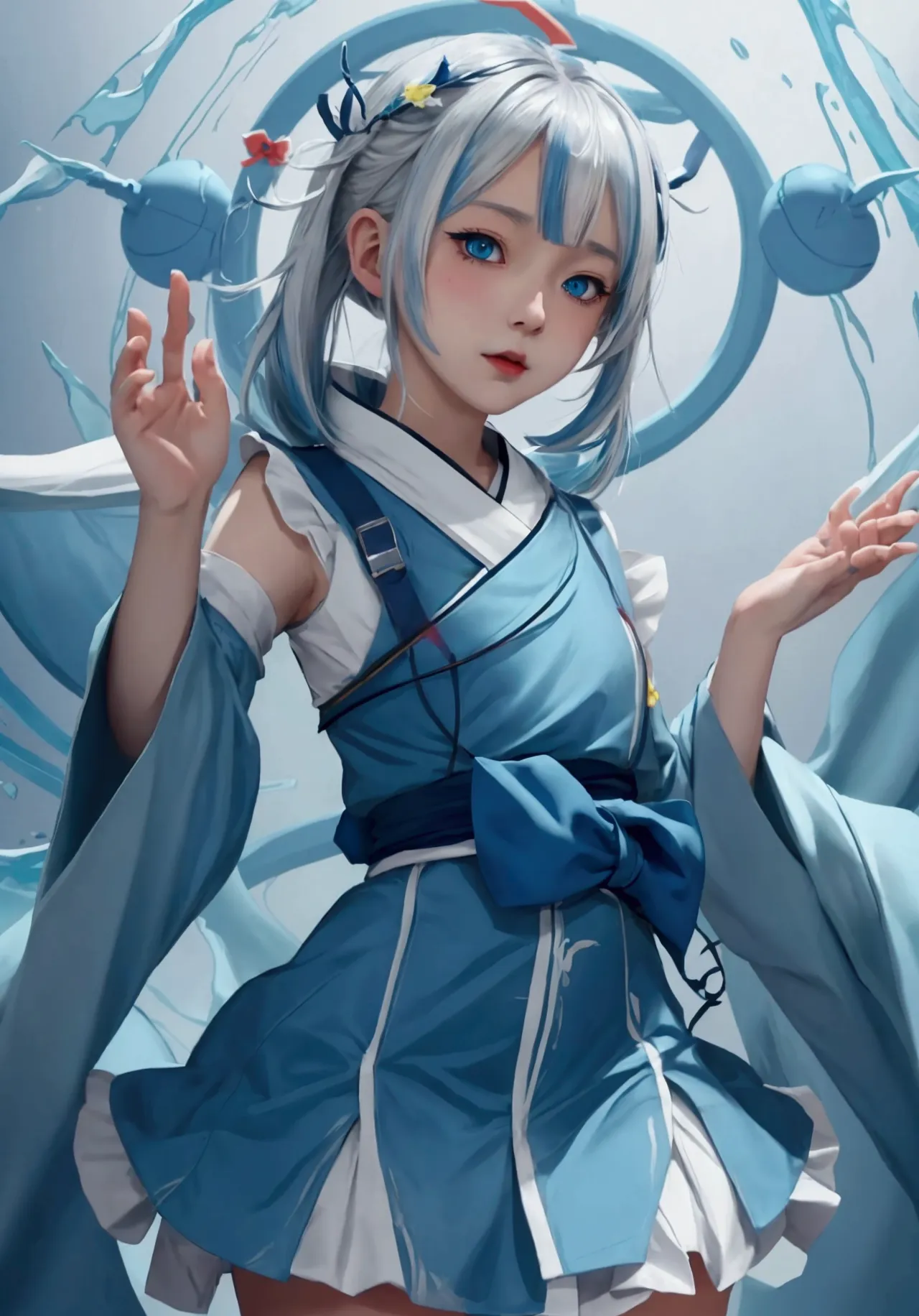 ultra-detailed,highly detailed,best quality,masterpiece,illustration, 
 anime girl with blue eyes and white hair in a blue outfi...