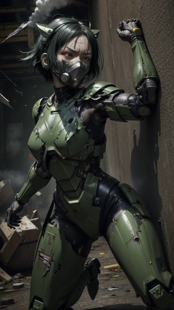 , Advanced Details, high quality, 最high quality, High resolution, 1080P 、Bleeding from the wound、Sexy Eyes、Wearing green and black、cute((The whole body is sweating))(Equipped with a damaged battle suit....)(Dark green armor)(Broken Armor)Black Hair、Chiquita、short hair、Open your mouth、Painful expression、It hurts again、Healthy Skin、20-year-old female　defeat　(Steam coming out of the face) ((Steam from the body)) 　Unable to fight　Severe attacks　((I was thrown against the wall、Head gear is broken.　)) flying debris　bare hands　Armor Stripping　Gas mask explodes