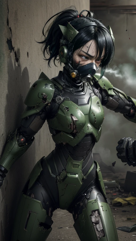 , Advanced Details, high quality, 最high quality, High resolution, 1080P 、Bleeding from the wound、Sexy Eyes、Wearing green and black、cute((The whole body is sweating))(Equipped with a damaged battle suit....)(Dark green armor)(Broken Armor)Black Hair、Chiquita、short hair、Open your mouth、Painful expression、It hurts again、Healthy Skin、20-year-old female　defeat　(Steam coming out of the face) ((Steam from the body)) 　Unable to fight　Severe attacks　((I was thrown against the wall、Head gear is broken.　)) flying debris　bare hands　Armor Stripping　Gas mask explodes