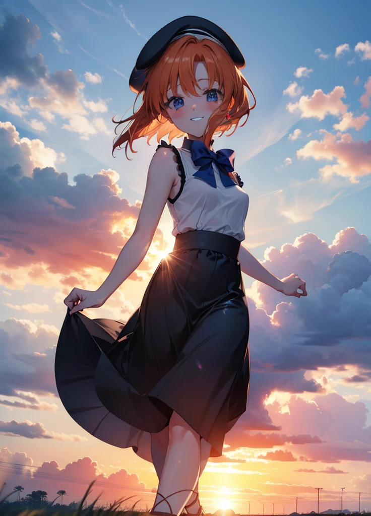 kidney, Rena Ryuuguu, Orange Hair, short hair, blue eyes, smile, blush,Grin,(Small breasts:1.2),beret,Sleeveless dress,Long skirt,Heeled Sandals,morning,morning陽,The sun is rising,Paddy field,walking,whole bodyがイラストに入る,
壊す looking at viewer,whole body,
Destroy outdoors, Destroy the countryside (masterpiece:1.2), Highest quality, High resolution, unity 8k wallpaper, (shape:0.8), (Beautiful attention to detail:1.6), Highly detailed face, Perfect lighting, Extremely detailed CG, (Perfect hands, Perfect Anatomy),