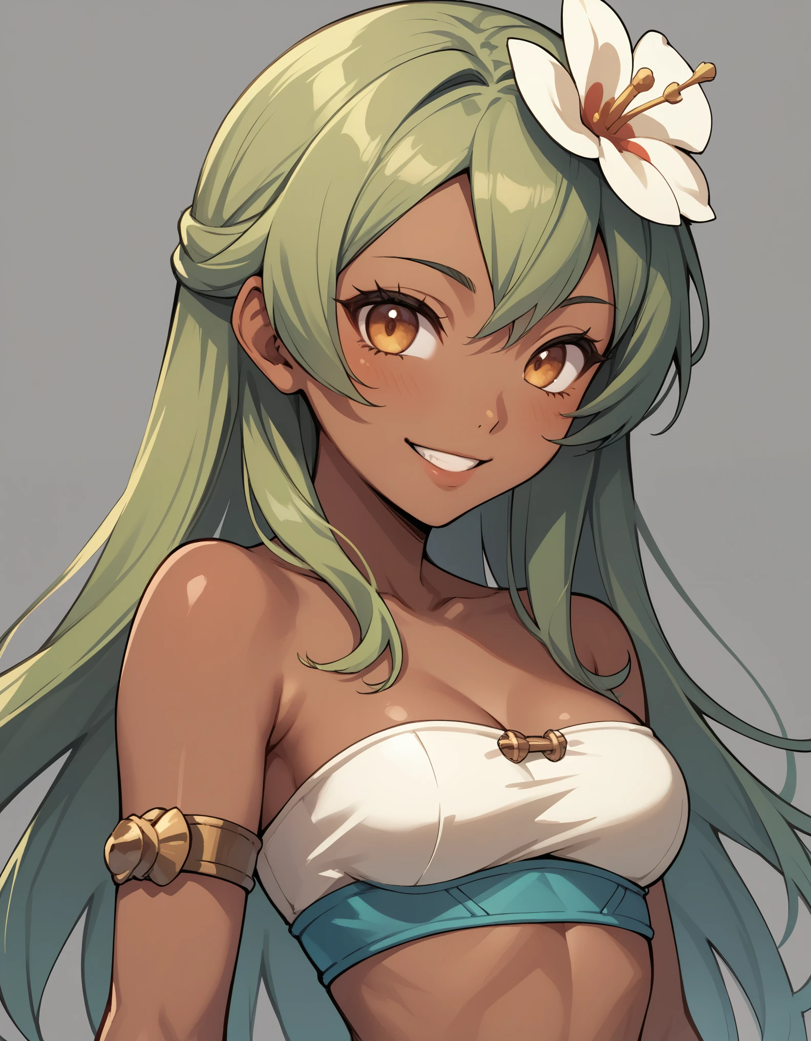 score_9, score_8_up, score_7_up, score_6_up, BREAK, source_cartoon, source_anime, 1girl, SadidaDG, amalia sheran sharm,, green hair, long hair, hair flower, dark skin, bare shoulders, tube top, upper body, smile, looking at viewer, solo, simple background