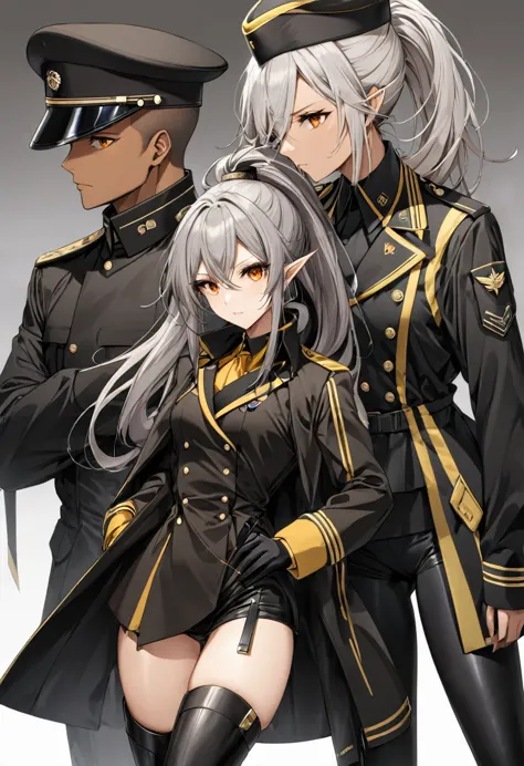 orange eyes,,((brown skin,dark elf,))grey hair,1lady,high ponytail, gold and black coat,jewelry,gold and black uniform,military ...