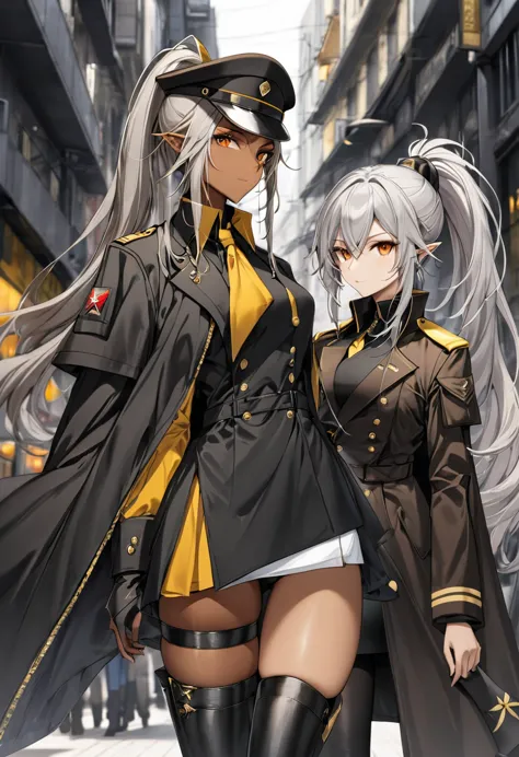 orange eyes,,((brown skin,dark elf,))grey hair,1lady,high ponytail, gold and black coat,jewelry,gold and black uniform,military ...