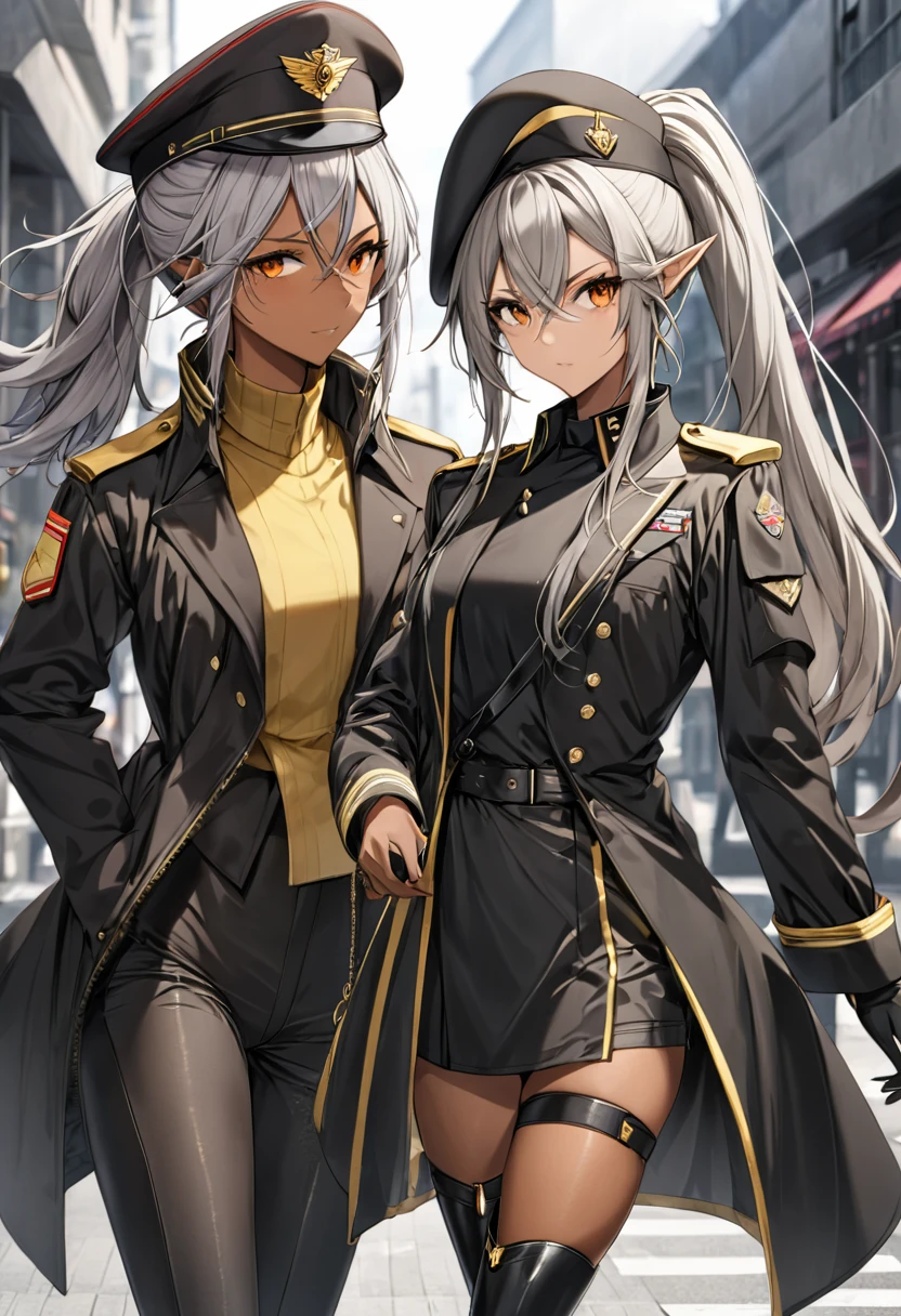 orange eyes,,((brown skin,dark elf,))grey hair,1lady,high ponytail, gold and black coat,jewelry,gold and black uniform,military hat,thigh boots,
