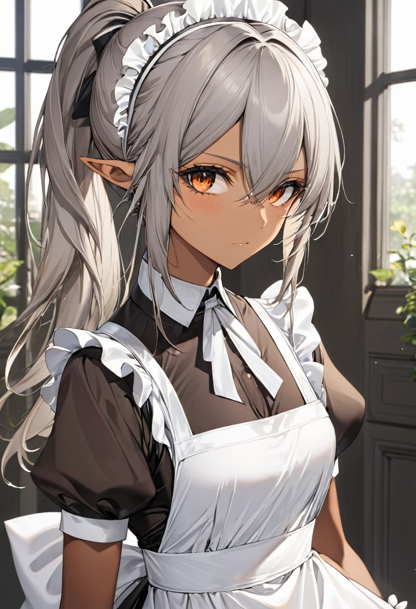 orange eyes,,((brown skin,dark elf,))grey hair,1lady,high ponytail, ,pointy ears,elf,,masterpiece, highres, solo, (maid:1.40), (long maid dress:1.15), anime_style, 14
