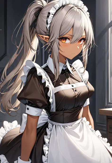 orange eyes,,((brown skin,dark elf,))grey hair,1lady,high ponytail, ,pointy ears,elf,,masterpiece, highres, solo, (maid:1.40), (...