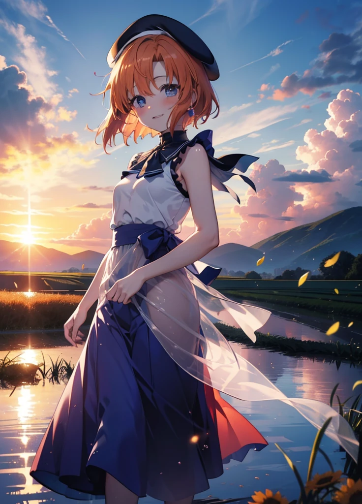 kidney, Rena Ryuuguu, Orange Hair, short hair, blue eyes, smile, blush,Grin,(Small breasts:1.2),beret,Sleeveless dress,Long skirt,Heeled Sandals,morning,morning陽,The sun is rising,Paddy field,walking,whole bodyがイラストに入る,
壊す looking at viewer,whole body,
Destroy outdoors, Destroy the countryside (masterpiece:1.2), Highest quality, High resolution, unity 8k wallpaper, (shape:0.8), (Beautiful attention to detail:1.6), Highly detailed face, Perfect lighting, Extremely detailed CG, (Perfect hands, Perfect Anatomy),