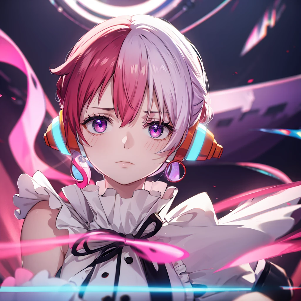 ((Red and White half colors)) purple Eye
((night　full moon))，(music stage Shiny Earrings　Neon Pink and Neon Blue Right)，　Sweat　A tense look　funny Face　Headphones
