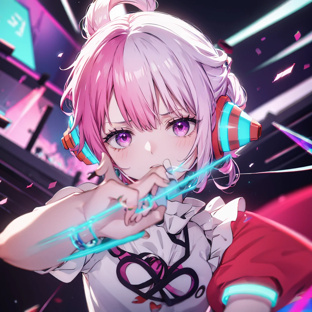 ((Red and White half colors)) purple Eye
((night　full moon))，(music stage Shiny Earrings　Neon Pink and Neon Blue Right)，　Sweat　A tense look　funny Face　Headphones
