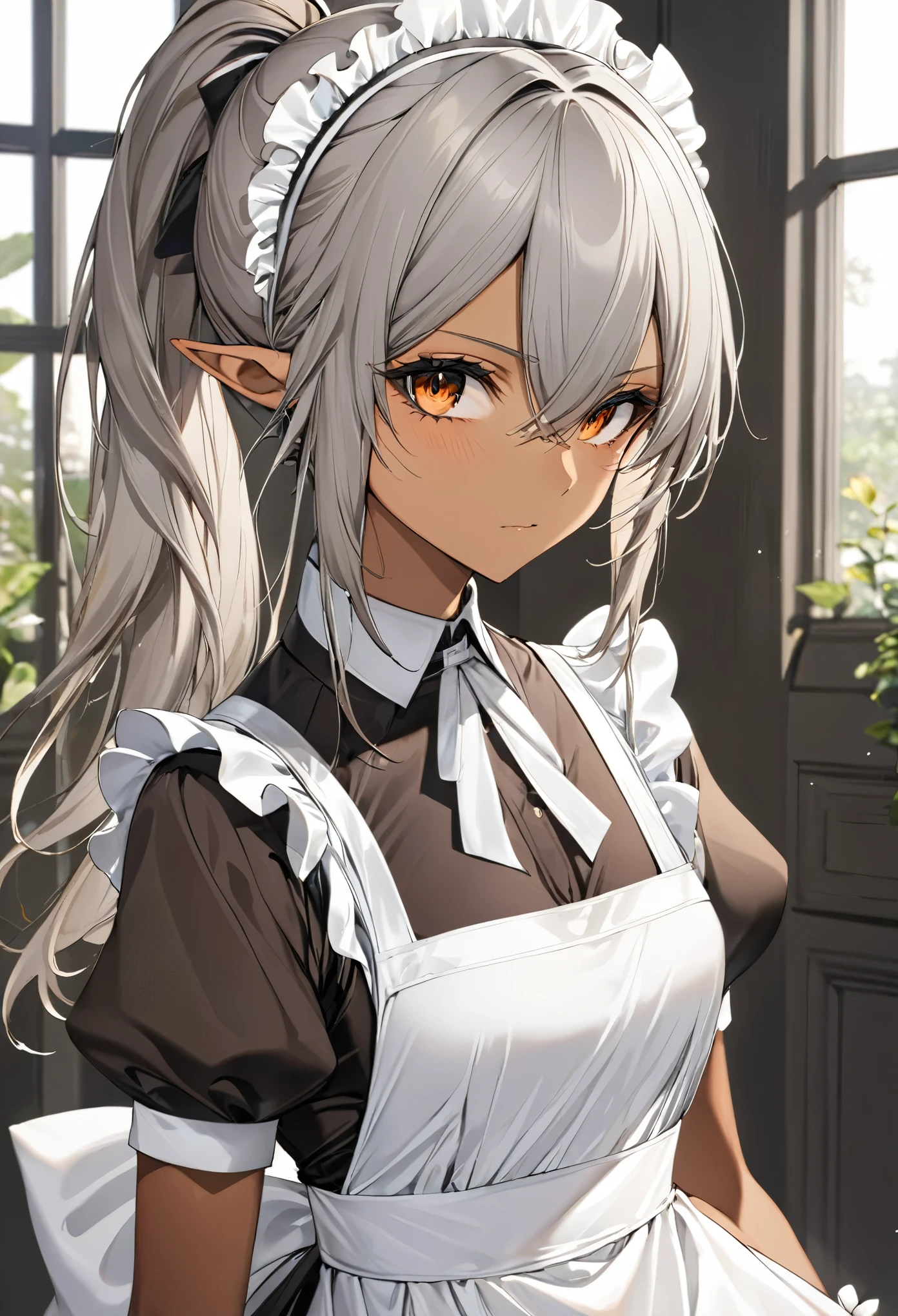 orange eyes,,((brown skin,dark elf,))grey hair,1lady,high ponytail, ,pointy ears,elf,,masterpiece, highres, solo, (maid:1.40), (long maid dress:1.15), anime_style, 14
