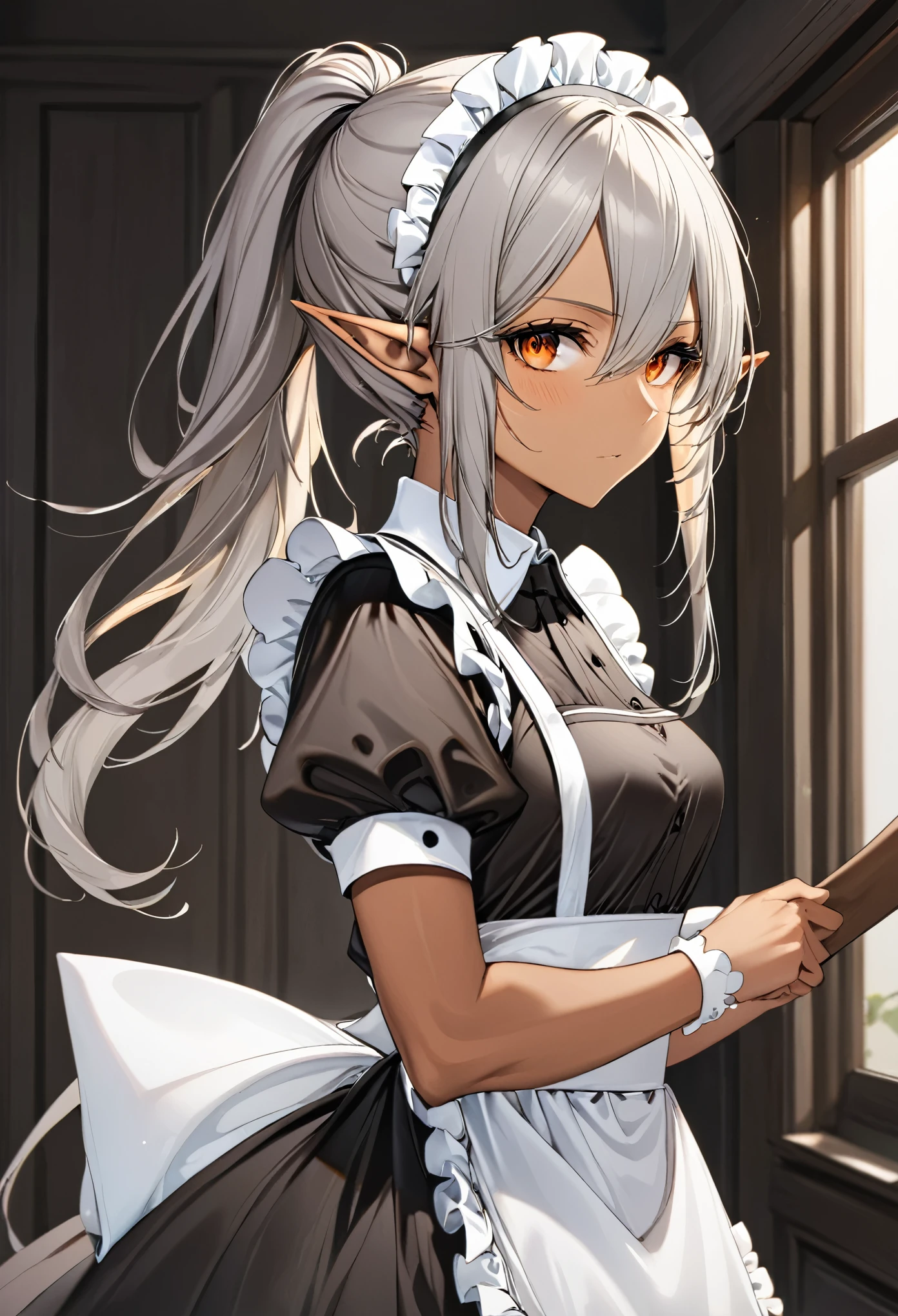 orange eyes,,((brown skin,dark elf,))grey hair,1lady,high ponytail, ,pointy ears,elf,,masterpiece, highres, solo, (maid:1.40), (long maid dress:1.15), anime_style, 14
