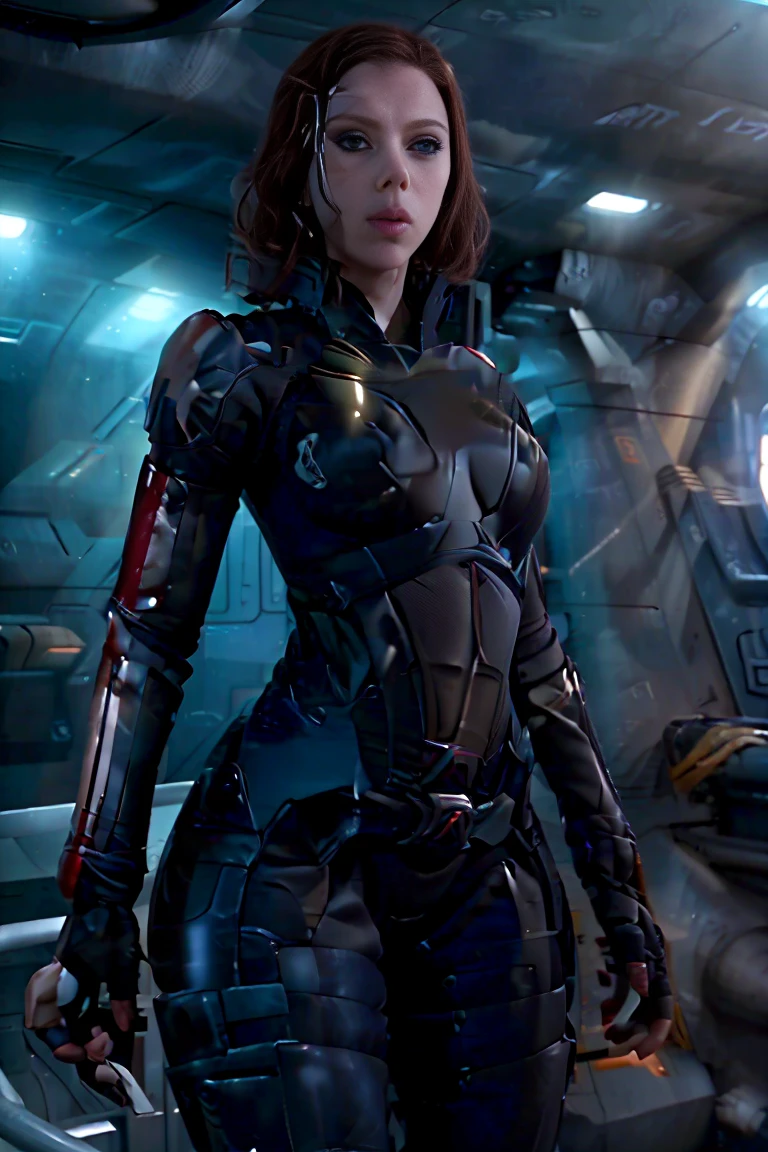 ((mejor calidad)), ((obra maestra)), ((Scarlett Johansson)) (detallado), cara perfecta, mujer juguetona de 20 años, Sensual pose. Dentro de una nave espacial, wearing highly detallado futuristic skimpy mass effect armor, grandes senos, cintura pequeña, grandes caderas, desnuda.