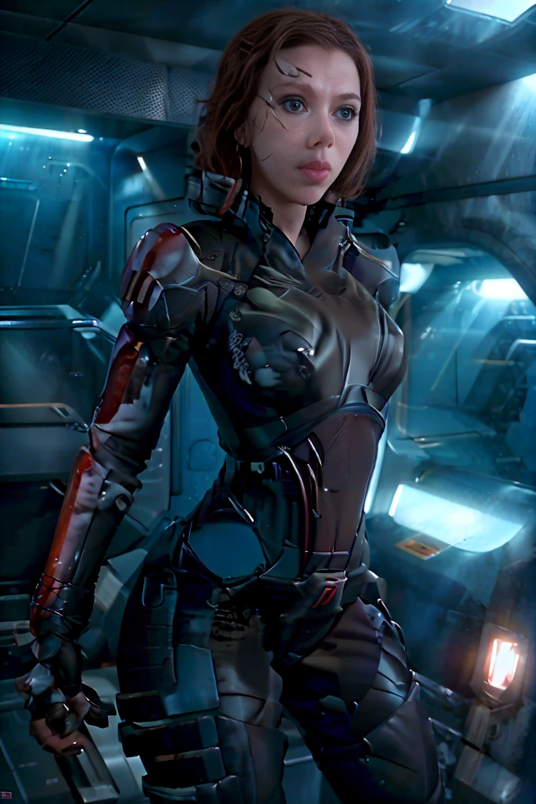 ((mejor calidad)), ((obra maestra)), ((Scarlett Johansson)) (detallado), cara perfecta, mujer juguetona de 20 años, Sensual pose. Dentro de una nave espacial, wearing highly detallado futuristic skimpy mass effect armor, grandes senos, cintura pequeña, grandes caderas, desnuda.