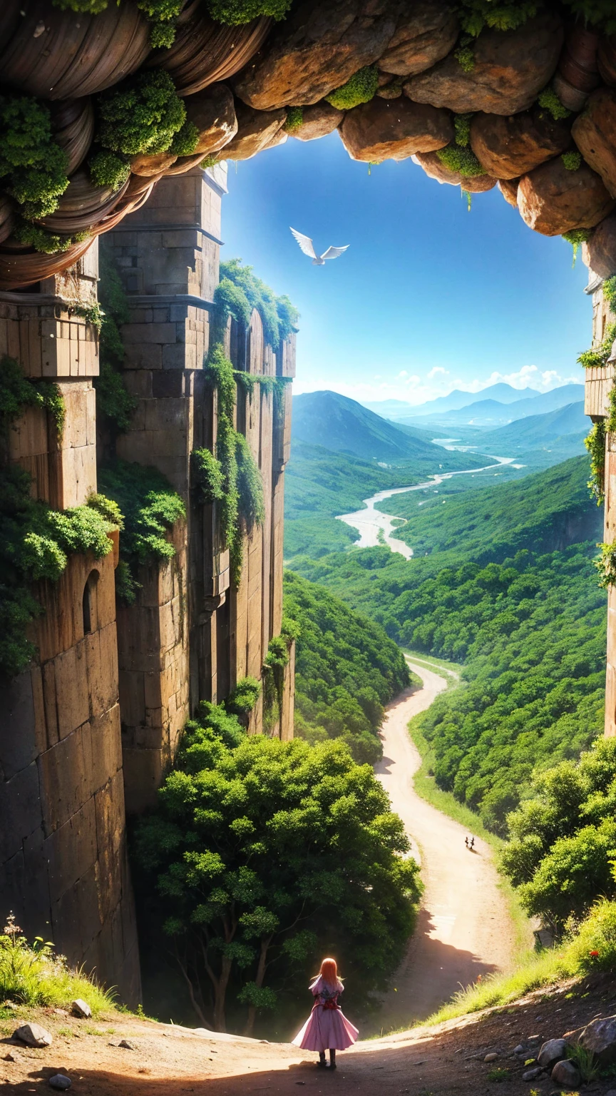 anime-style illustration, a young female apparition from afar, overlooks the vast expanse of clear blue sky and underneath a large valley mountain, flower colorful color blue red green purple yellow, fantasy world medieval, rocks, tree branches, fallen leaves, birds, The scene is depicted in a highly saturated and vibrant style, intense and rich COLORS VIVID, strong exaggerated colors, , dramatic lighting, epic, majestic, awe-inspiring, mystical, ethereal, The sky above is clear blue sky, The atmosphere is full of magical color films, High Detail.