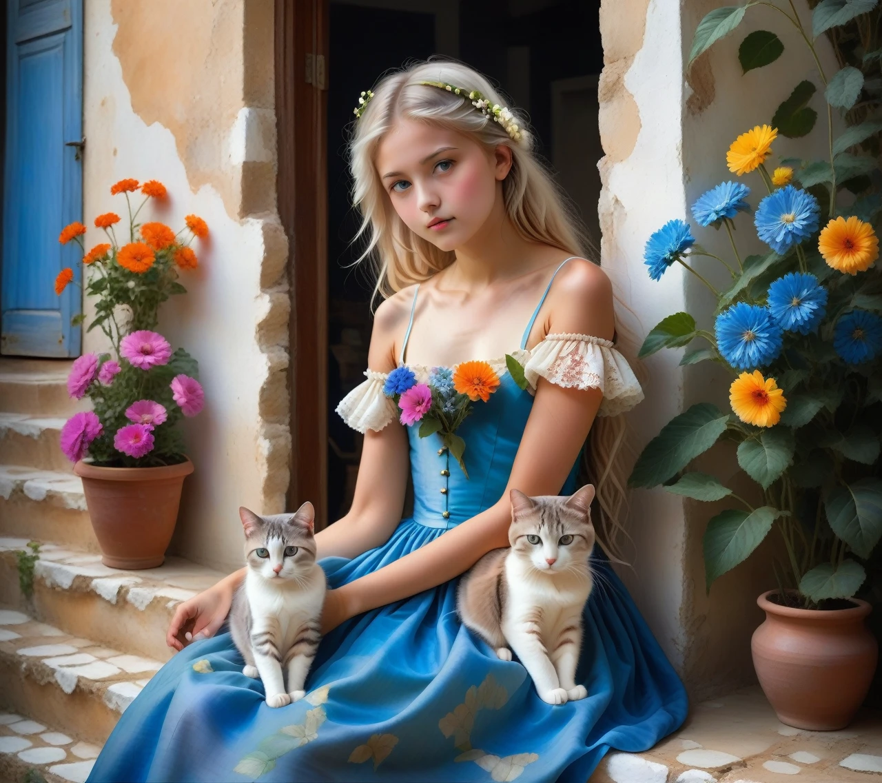 In the interior of southern Italy, an old house of whitewashed stones, worn plaster, a wooden window with worn blue paint, on the frame vases of colorful flowers, like a work of art in oil painting. A beautiful girl, clear light eyes, long messy hair, ribbon in her hair, light worn clothes, light bustier with puffy sleeves draped over her shoulders, light floral skirt, at dusk, sitting on the steps of the house with her cute cat, very high quality , 8k, HDR.