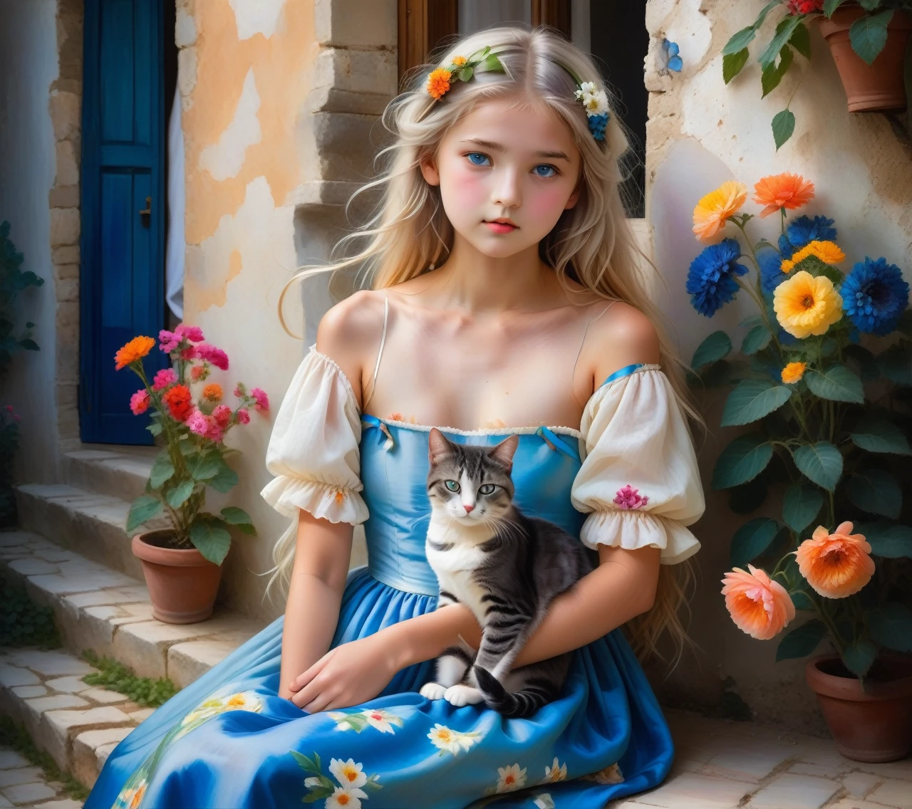 In the interior of southern Italy, an old house of whitewashed stones, worn plaster, a wooden window with worn blue paint, on the frame vases of colorful flowers, like a work of art in oil painting. A beautiful girl, clear light eyes, long messy hair, ribbon in her hair, light worn clothes, light bustier with puffy sleeves draped over her shoulders, light floral skirt, at dusk, sitting on the steps of the house with her cute cat, very high quality , 8k, HDR.