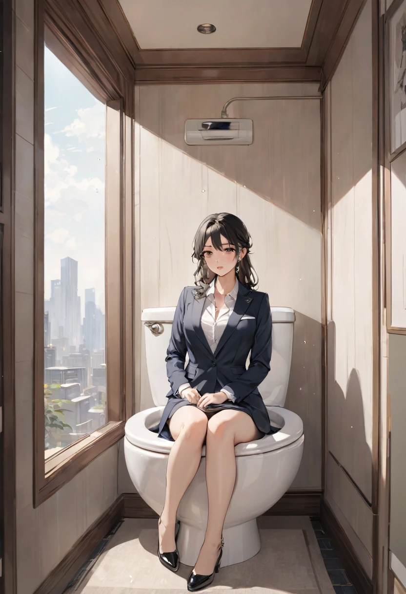 Beautiful, modern western-style toilet with washlet。A lady in a suit is sitting seriously。A toilet where fresh air comes in through a small window。16K, Masterpiece.