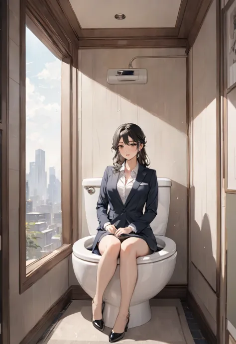 Beautiful, modern western-style toilet with washlet。A lady in a suit is sitting seriously。A toilet where fresh air comes in thro...