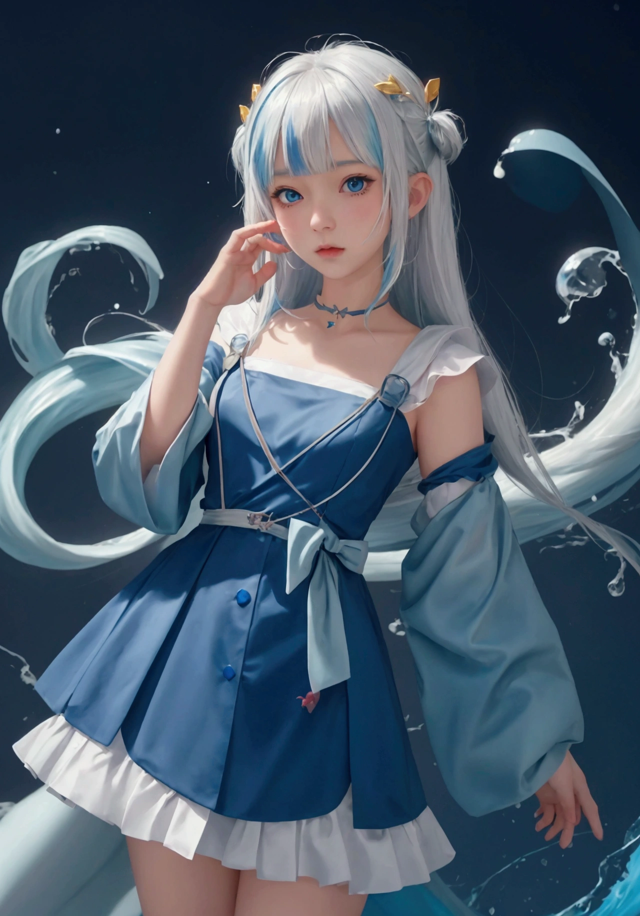 ultra-detailed, highly detailed, best quality, masterpiece, illustration, 
 a girl in a blue dress with white hair and blue eyes is standing in the, splash art anime , wallpaper anime blue water, anime monster girl, anime wallaper, cute anime girl, anime illustration, anime visual of a cute girl, ruan cute vtuber, anthropomorphic shark, anime artwork, cute anime, cute artwork, digital anime art, cute character, cute anime girl portraits, best anime 4k konachan wallpaper, anime character art, with blue skin, anime girl, cute anime style