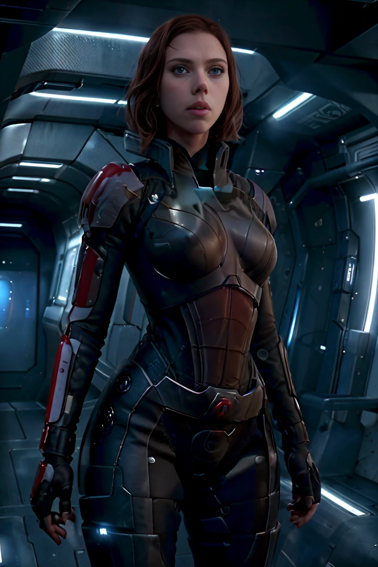 ((mejor calidad)), ((obra maestra)), ((Scarlett Johansson)) (detallado), cara perfecta, mujer juguetona de 20 años, Sensual pose. Dentro de una nave espacial, wearing highly detallado futuristic skimpy mass effect armor, grandes senos, cintura pequeña, grandes caderas, desnuda.
