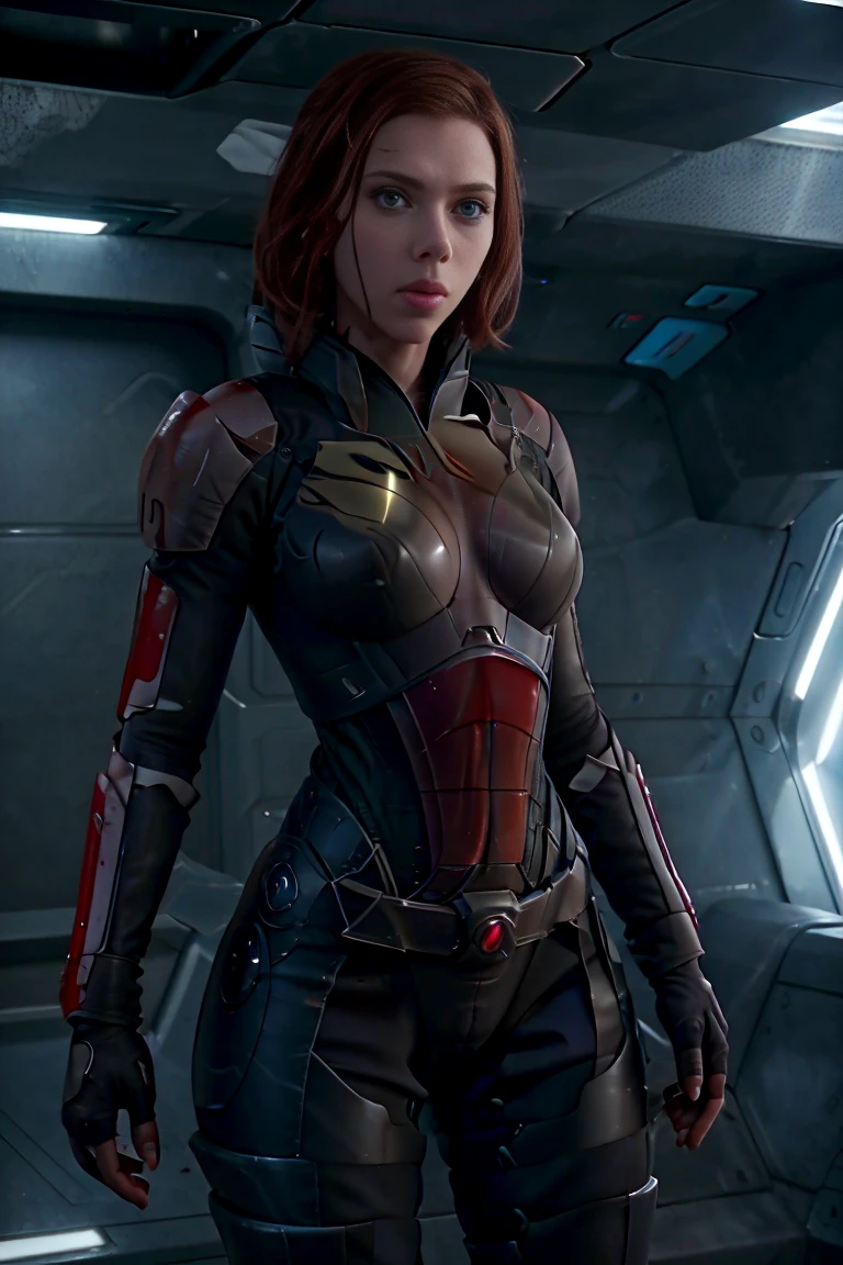 ((mejor calidad)), ((obra maestra)), ((Scarlett Johansson)) (detallado), cara perfecta, mujer juguetona de 20 años, Sensual pose. Dentro de una nave espacial, wearing highly detallado futuristic skimpy mass effect armor, grandes senos, cintura pequeña, grandes caderas, desnuda.
