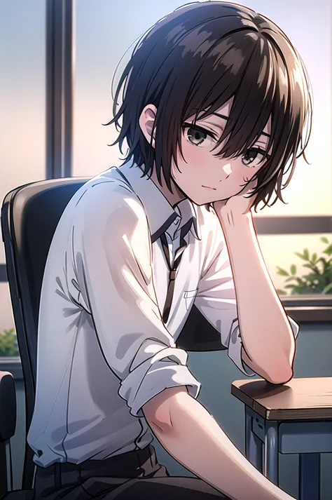 ((best quality)), ((masterpiece)), (detailed), boy, high , bored look, blank look, disinterested look, resting on desk, folded c...