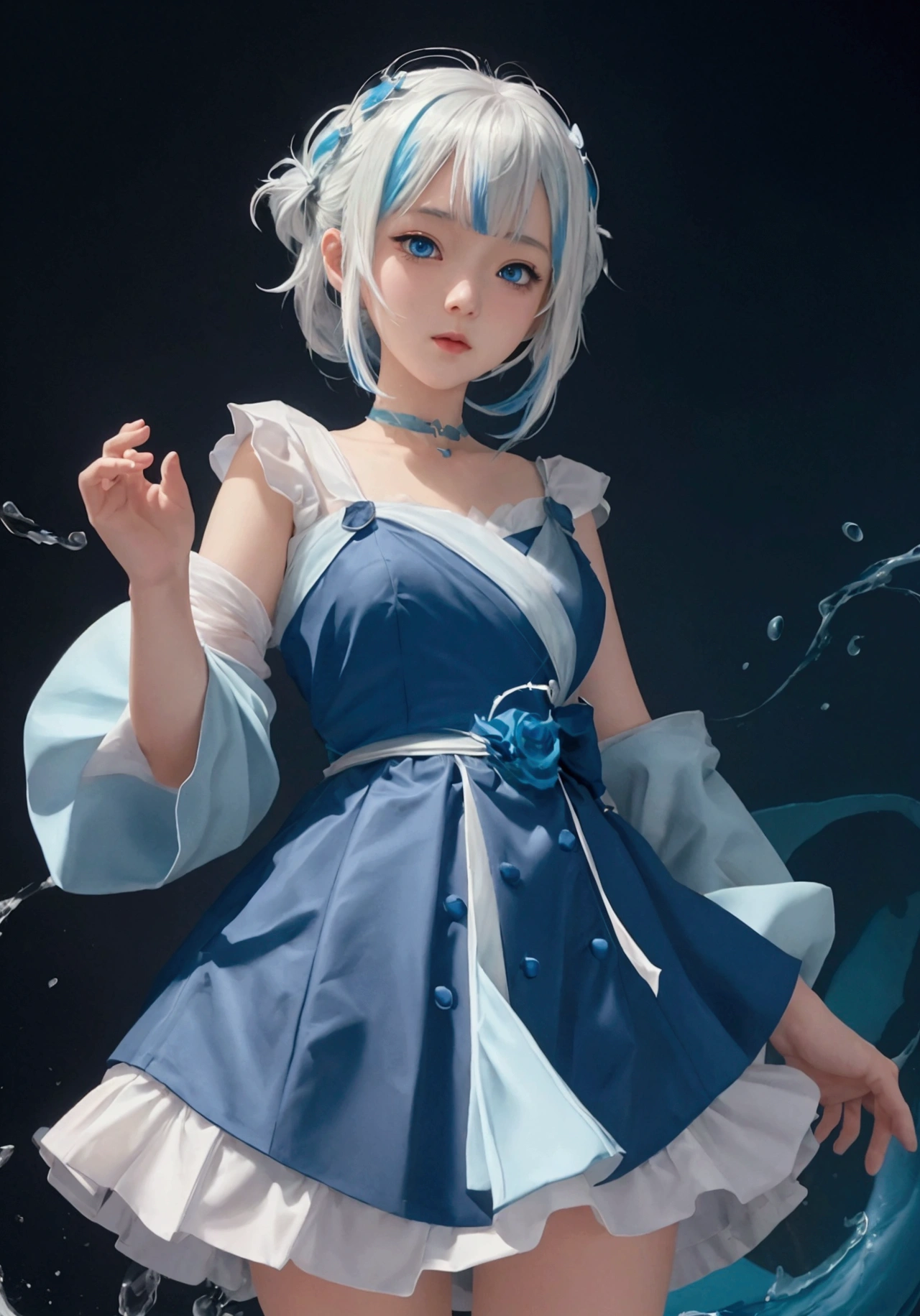 ultra-detailed, highly detailed, best quality, masterpiece, illustration, 
 a girl in a blue dress with white hair and blue eyes is standing in the, splash art anime , wallpaper anime blue water, anime monster girl, anime wallaper, cute anime girl, anime illustration, anime visual of a cute girl, ruan cute vtuber, anthropomorphic shark, anime artwork, cute anime, cute artwork, digital anime art, cute character, cute anime girl portraits, best anime 4k konachan wallpaper, anime character art, with blue skin, anime girl, cute anime style