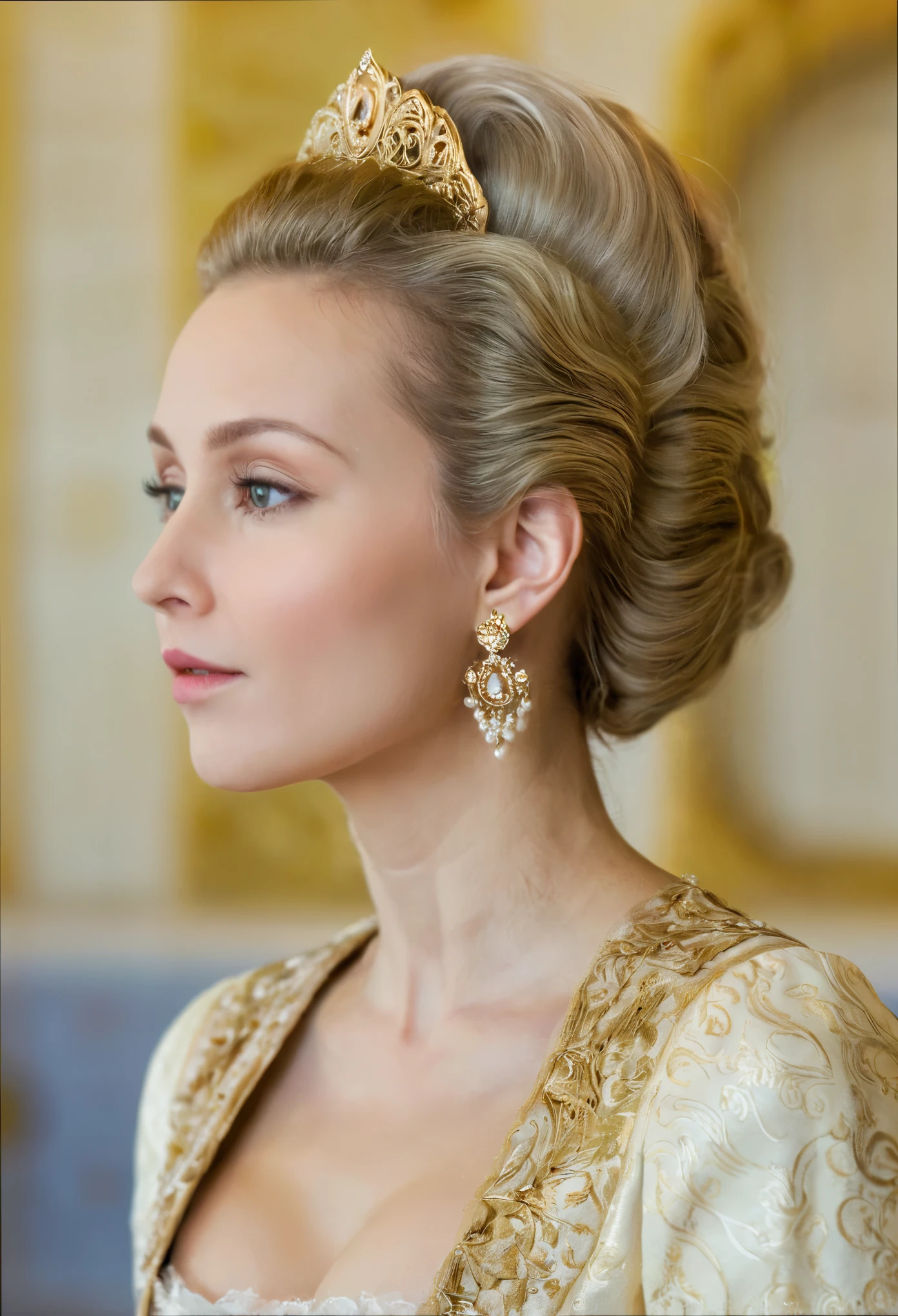 Side view , looking at viewer, Russian girl, 40 age old, (Blond hair, middle hair ,  wince, Gray eyes, beautiful lip,  serious),  gold crescent earrings, gold neckless, (big breasts, slender whist, wide hip, real public hair) ,(Rococo 18the century dress) , (gold earing , peal neckless. tiara with Dimond),   Palace, in Moskva, textured skin , HI detailed skin, (foreshortening, Canon, UHD, anatomically correct,  super detail, high details, highness, 