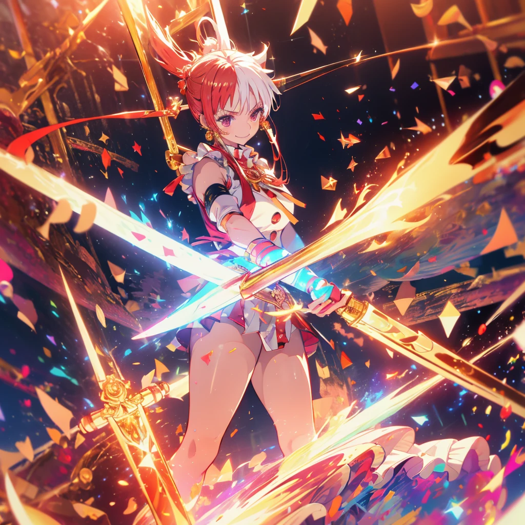 Red and white hair　Idol Floating notes in the sky　pendant　Shiny earrings　Flowing hair　Live stage　Bathed in light　Open your mouth　smile　Hold the microphone　Shining Aura　Shining　Crystal Eyes　Confetti　Particles of light  ((Gold armer foods and arms)(Gold Big spear and Big shield)
