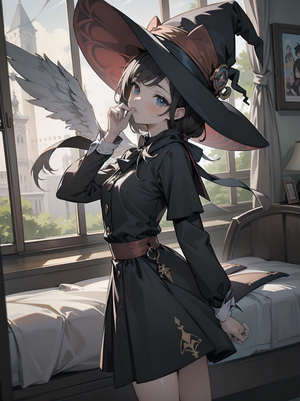 masterpiece, illustration, super detailed, kawaii, one girl, solo, witch in super cute pose, bed room, cowboy shot  ,sfw, Dynamic angle