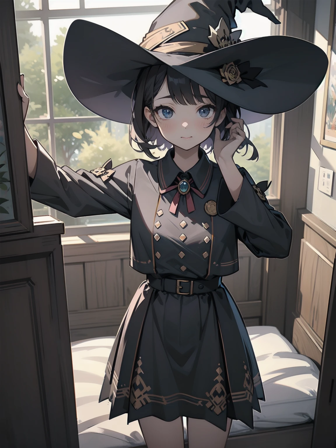 masterpiece, illustration, super detailed, kawaii, one girl, solo, witch in super cute pose, bed room, cowboy shot  ,sfw, Dynamic angle