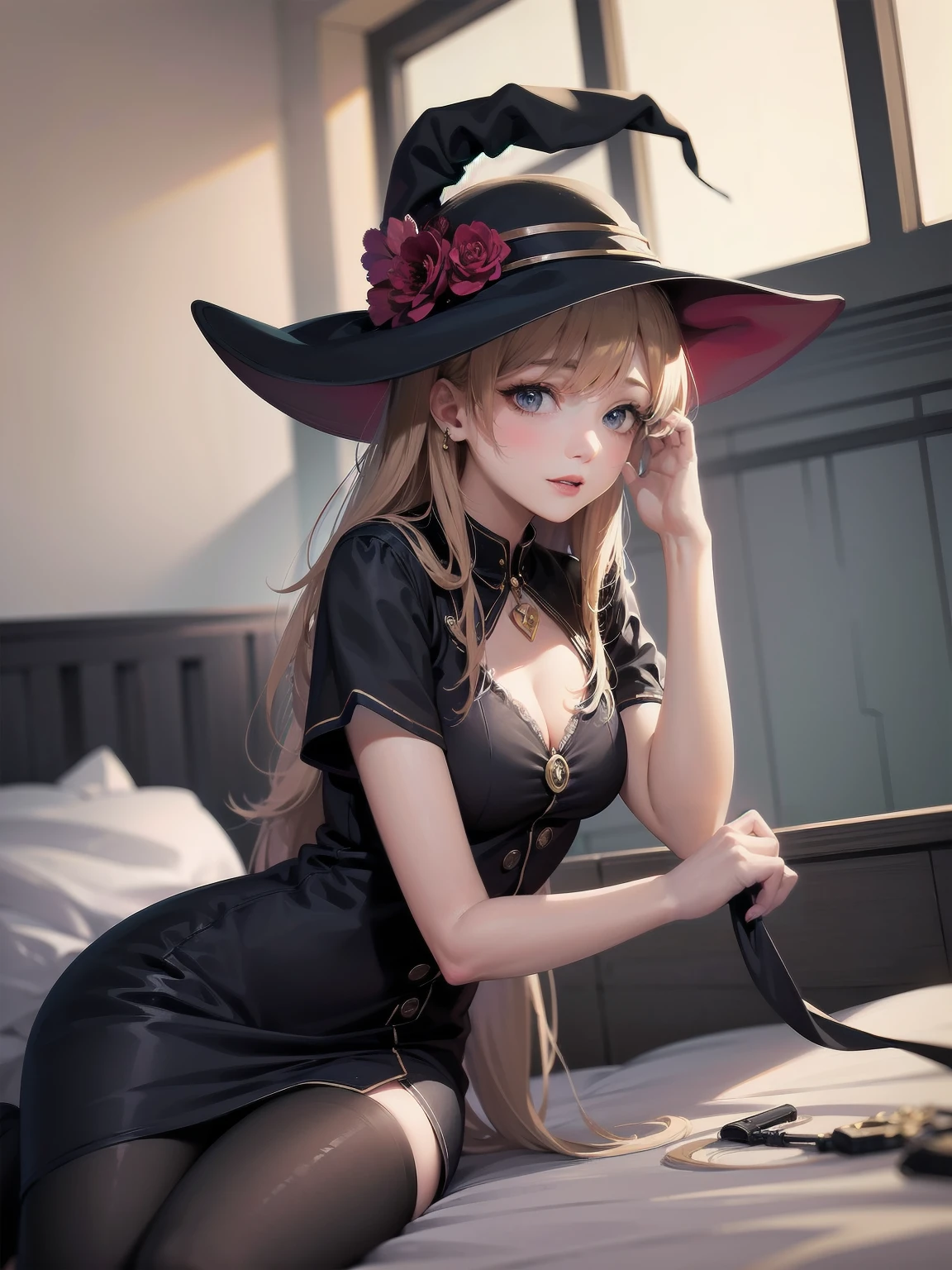 masterpiece, illustration, super detailed, kawaii, one girl, solo, witch in super cute pose, bed room, cowboy shot  ,sfw, Dynamic angle