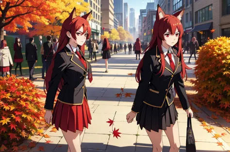 ((beautiful face)),1girl ,20s,mature female,(red hair),long hair,red eyes,fox ears,(autumn leaves,city,outdoors),serious,necktie...