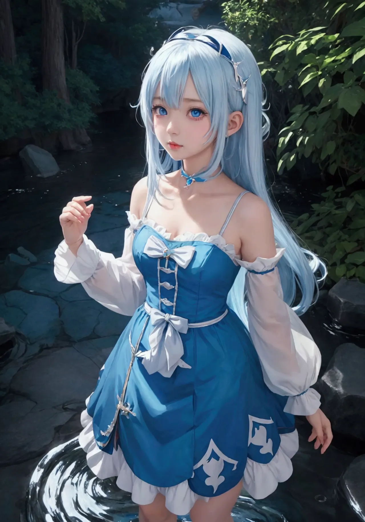 ultra-detailed, highly detailed, best quality, masterpiece, illustration, 
 a girl in a blue dress with white hair and blue eyes...