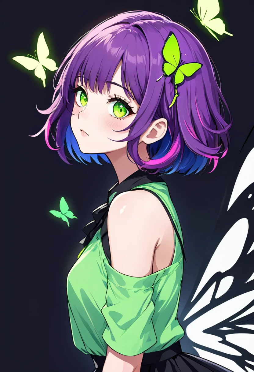 3/4 side face of a beautiful woman, realistic anime style, short shoulder-length wavy hair, butterfly cut bangs divided in half, neon purple hair with neon pink tips, eyes with long lashes, lime green eyes, serious expression, with blush on her cheeks, 3/4 face position, girl with serious expression, wearing a light green blouse, photo pose with face half to one side
