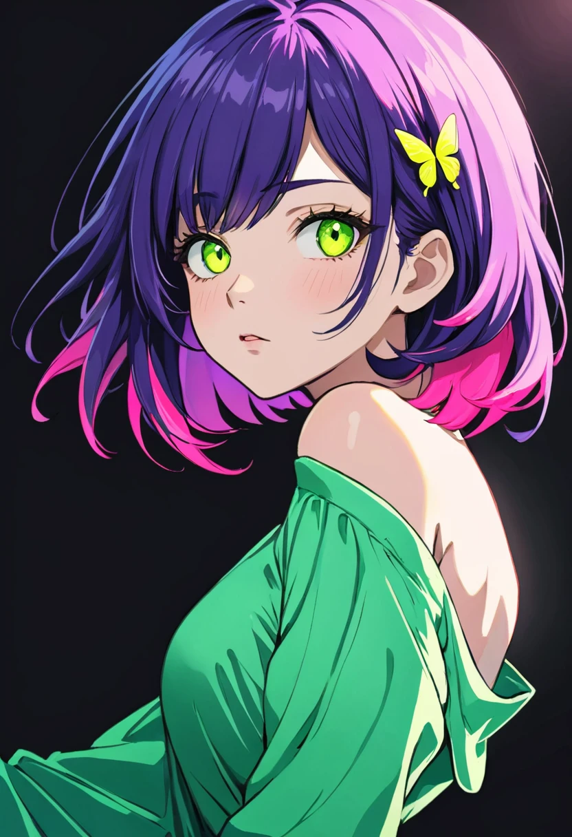 3/4 side face of a beautiful woman, realistic anime style, short shoulder-length wavy hair, butterfly cut bangs divided in half, neon purple hair with neon pink tips, eyes with long lashes, lime green eyes, serious expression, with blush on her cheeks, 3/4 face position, girl with serious expression, wearing a light green blouse, photo pose with face half to one side
