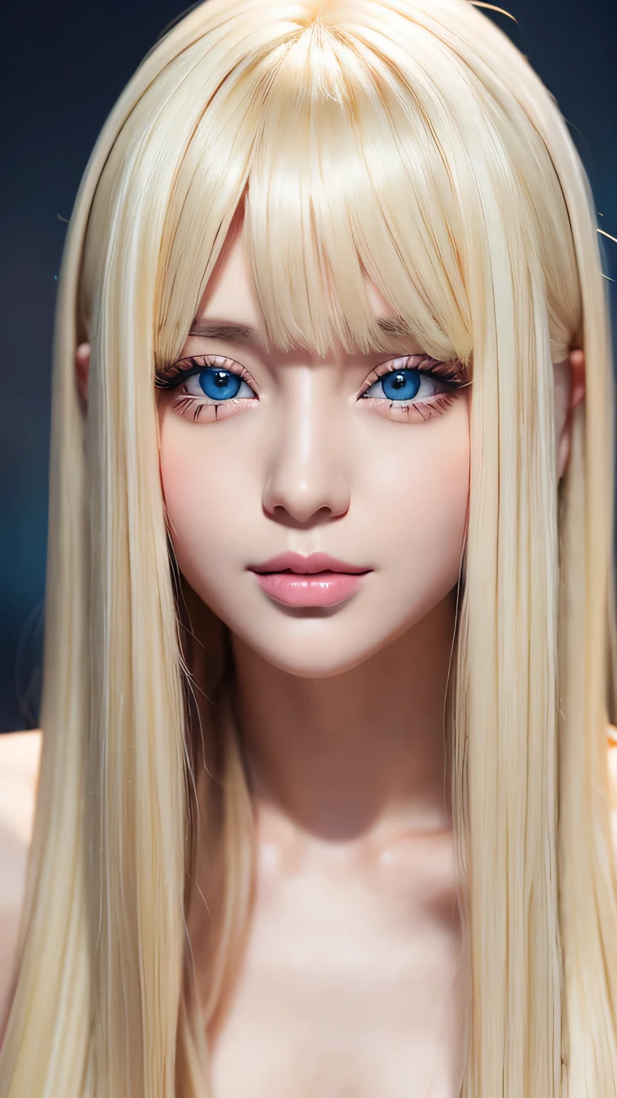 A beautiful girl with very long, beautiful blonde hair、Very beautiful shiny pretty face、bangs over eyes、Beautiful shiny skin、Beautiful cute sexy sparkling pale very bright sky blue eyes、Very big eyes、Beautiful super long shiny silky blonde hair、Bangs between the eyes、Cute little beautiful girl 18 years old、Blonde hair above the eyes、片Blonde hair above the eyes、Blonde hair between the eyeastepiece, Best Quality, Illustration, Ultra-detailed, High resolution, 8K Denden Wallpaper, Perfect dynamic composition, Beautiful detailed eyes , of hotel(B), Sexy face,A face in ecstasy,Face at peak sexual arousal,Excited face from、Small Face Beauty、Round face、bangs on the face