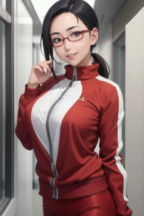 masterpiece, best quality,  satou sakie, glasses, track jacket, jacket opened, red pants, looking at viewer, large breasts, uppe...