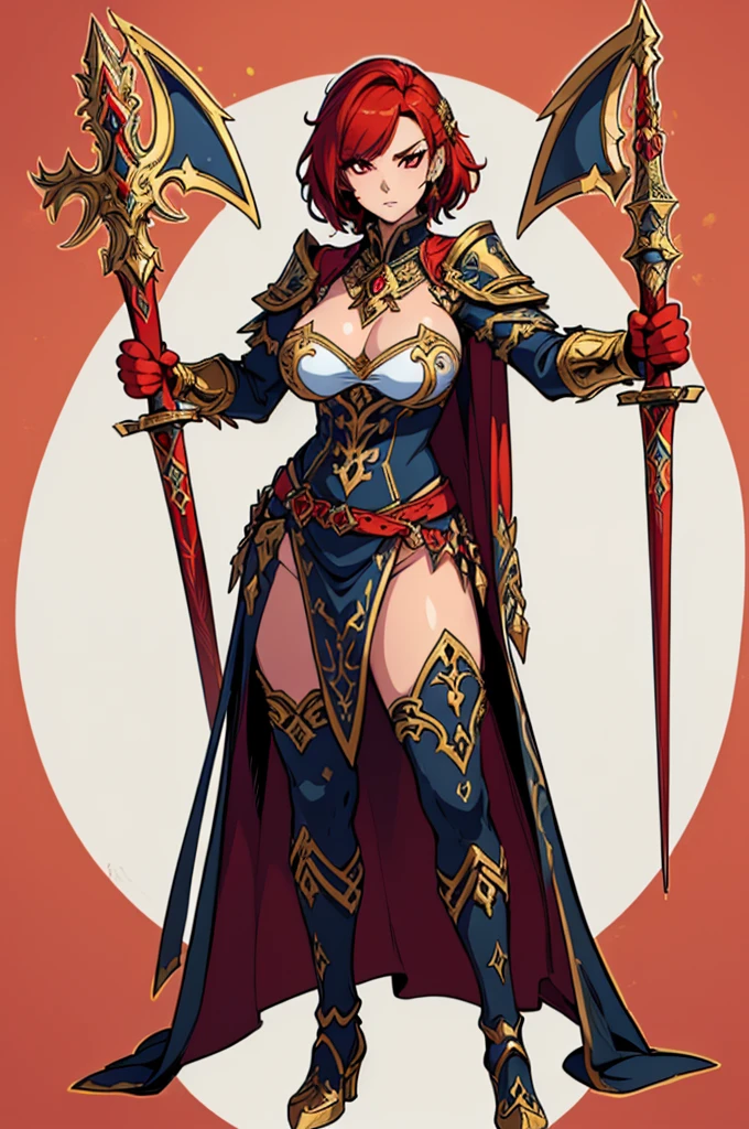 (masterpiece, best quality, high resolution, (huge breasts) 1 female warrior, full body gold fantasy Nordic warrior costume, fantasy Nordic sword in hands, very short red hair, male hairstyle, red eyes, (white background,Stickers.Redmond ), ((full body standing)),
