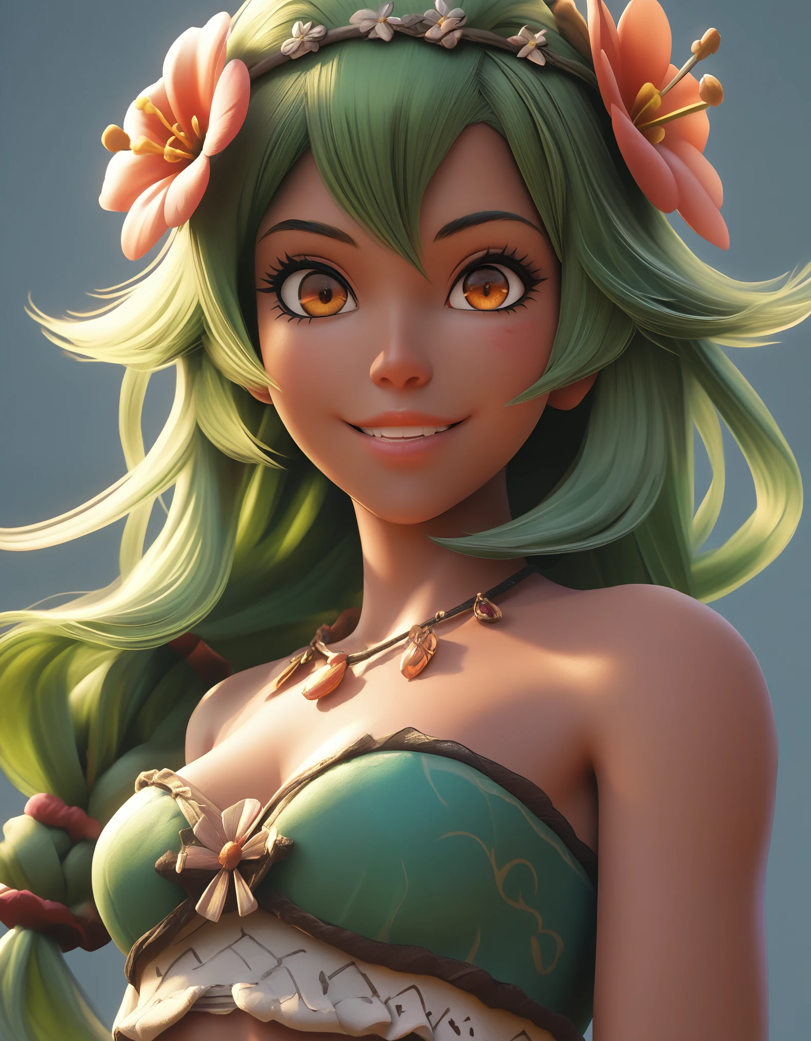 score_9, score_8_up, score_7_up, score_6_up, BREAK, source_cartoon, source_anime, 1girl, SadidaDG, amalia sheran sharm,, green hair, long hair, hair flower, dark skin, bare shoulders, tube top, upper body, smile, looking at viewer, solo, simple background