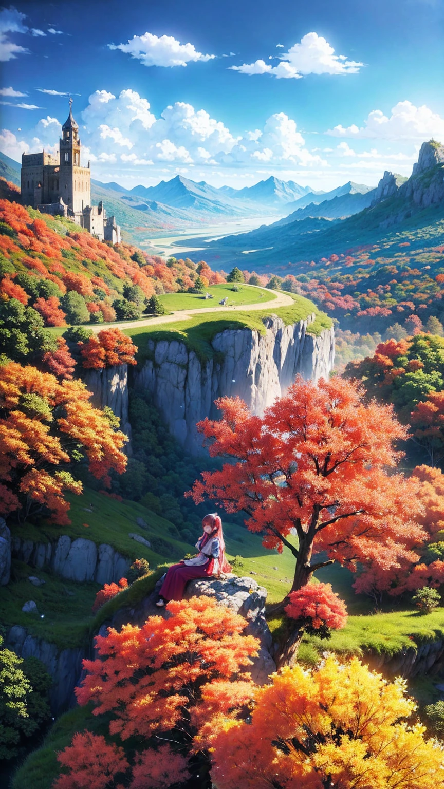 anime-style illustration, The image shows a young woman sitting watching overlooks the vast expanse of clear blue sky and underneath a large valley mountain, flower colorful color blue red green purple yellow, fantasy world medieval, rocks, tree branches, fallen leaves, birds, The scene is depicted in a highly saturated and vibrant style, intense and rich COLORS VIVID, strong exaggerated colors, , dramatic lighting, epic, majestic, awe-inspiring, mystical, ethereal, The sky above is clear blue sky, The atmosphere is full of magical color films, High Detail.