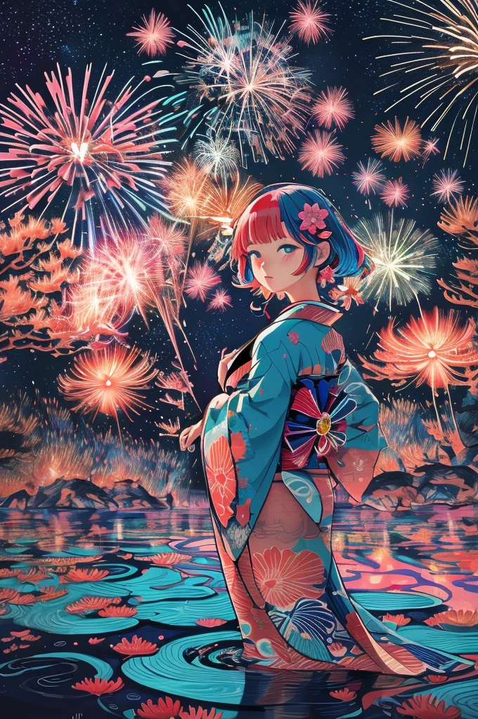 Microphotography, Anime girl made of glass in kimono silhouette, vibrant rainbow river, fireworks in night sky, colorful coral reefs, detailed illustration, Ukiyo-e style