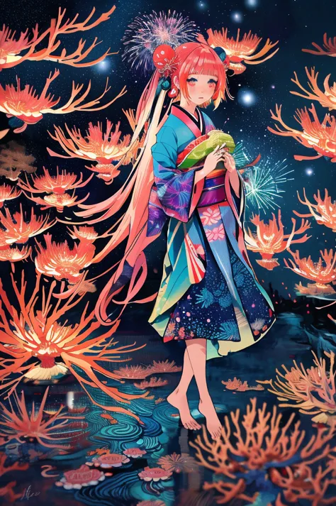 microphotography, anime girl made of glass in kimono silhouette, vibrant rainbow river, fireworks in night sky, colorful coral r...