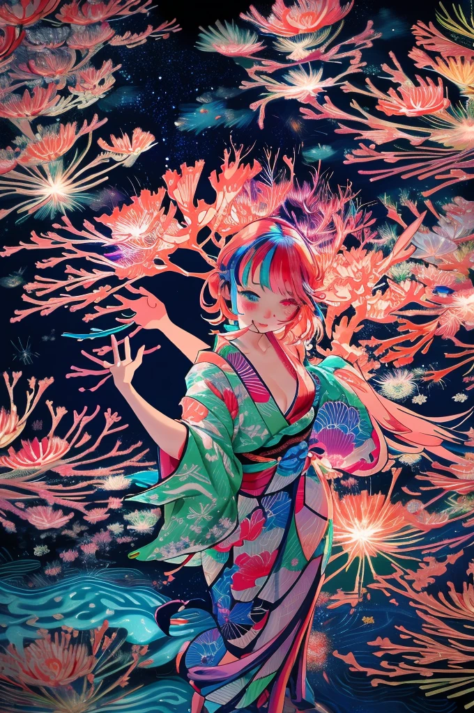 Microphotography, Anime girl made of glass in kimono silhouette, vibrant rainbow river, fireworks in night sky, colorful coral reefs, detailed illustration, Ukiyo-e style