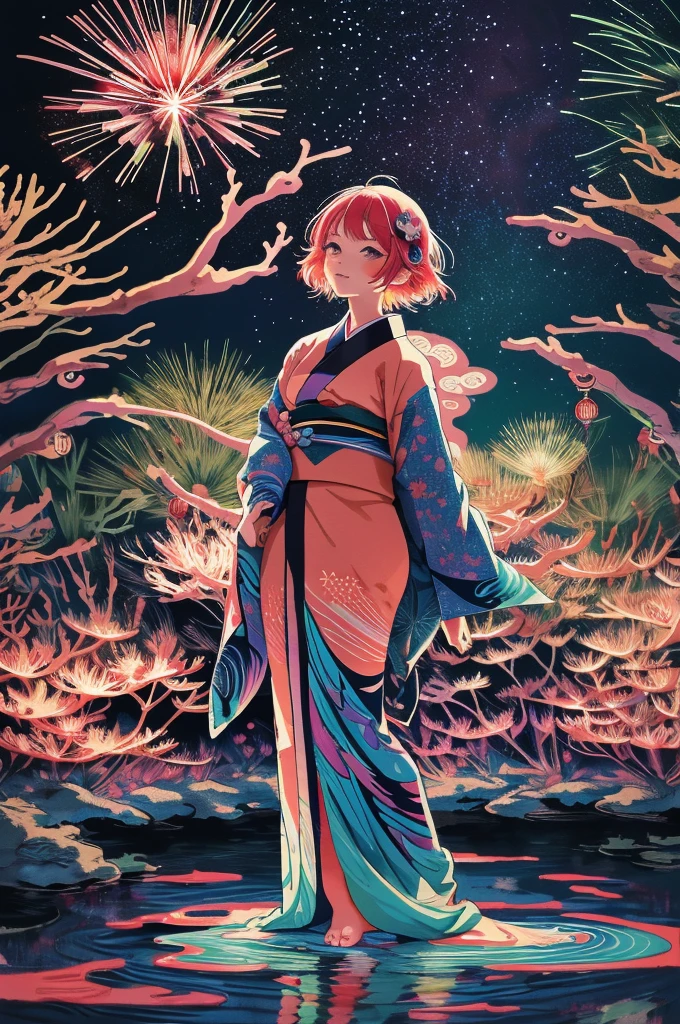 Microphotography, Anime girl made of glass in kimono silhouette, vibrant rainbow river, fireworks in night sky, colorful coral reefs, detailed illustration, Ukiyo-e style