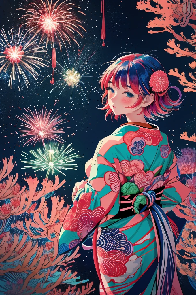 Microphotography, Anime girl made of glass in kimono silhouette, vibrant rainbow river, fireworks in night sky, colorful coral reefs, detailed illustration, Ukiyo-e style